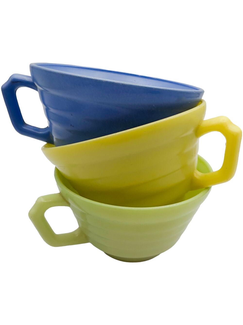 Vintage 1950s Set of 3 Hazel-Atlas Milk Glass Tea Cups Yellow/Green/Blue